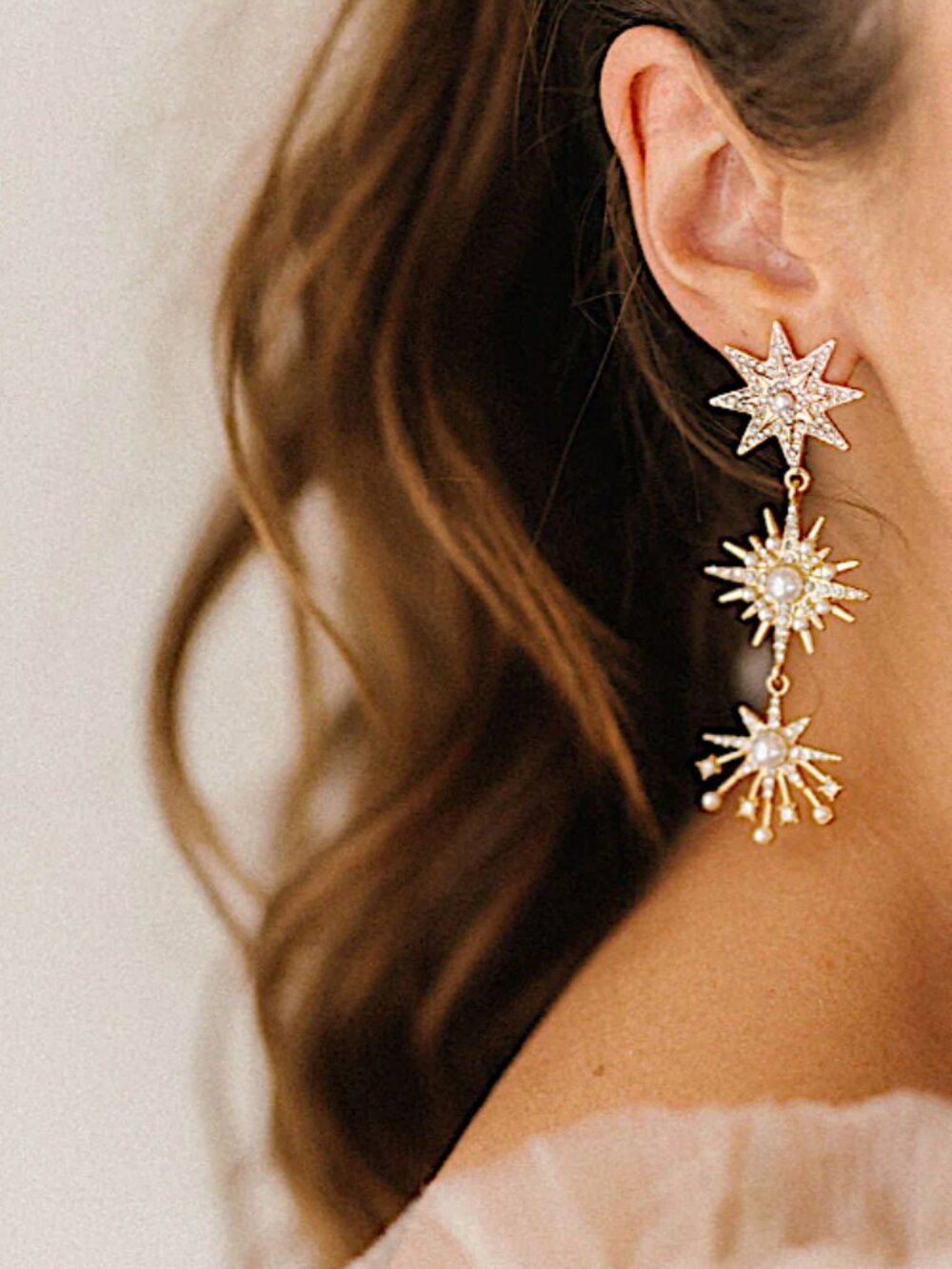 NEW Anthropologie Crystal and Pearl Cascading Star Burst Earrings